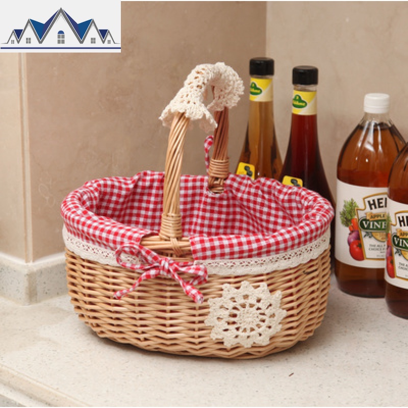 藤编柳编收纳篮菜篮鸡蛋篮子手提编织野餐篮水果篮小礼品竹篮花篮 三维工匠 红格子中号