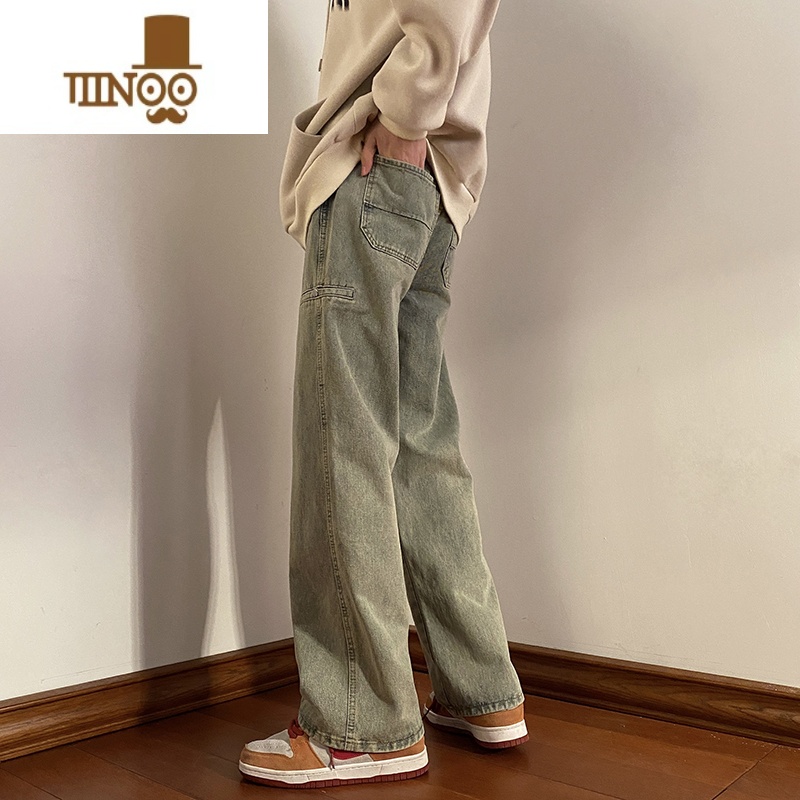 YANXU黄泥色牛仔裤男日系水洗做旧潮牌美式高街百搭宽松直筒休闲长裤Y高清大图