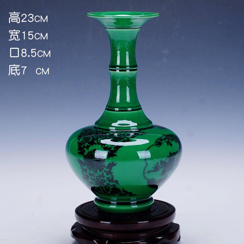 218景德镇陶瓷 仿古开片釉中式绿釉花瓶 家居摆件艺术品瓷器