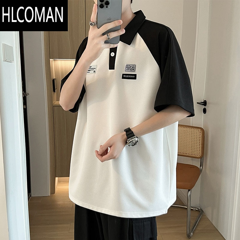 HLCOMAN夏季翻领拼色短袖polo衫男休闲百搭日系潮牌韩版潮流学生宽松T恤