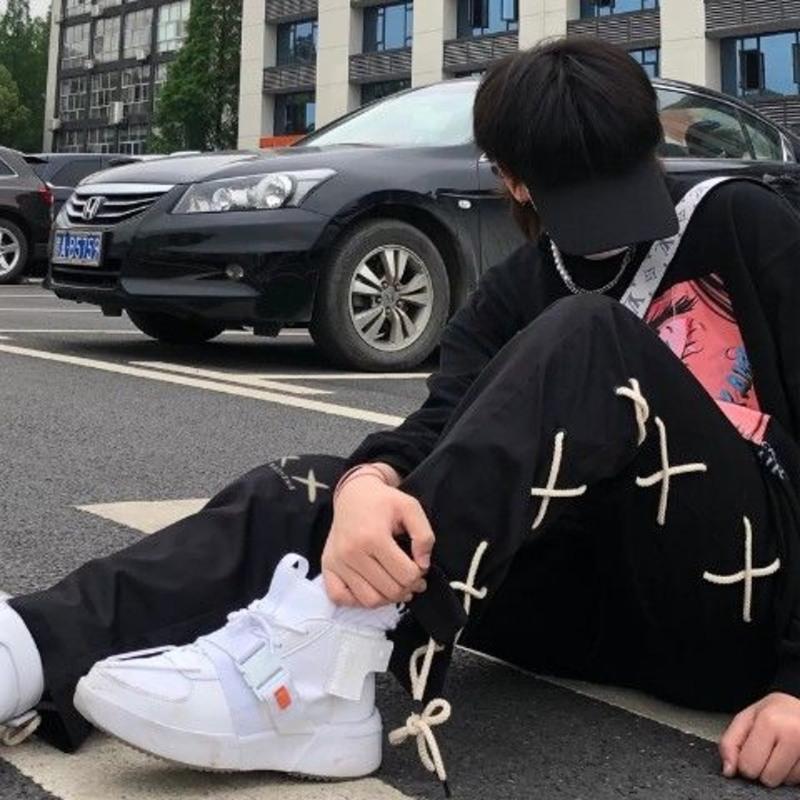 可换交叉绑带裤男2021新款夏季宽松韩版百搭街头高腰休闲学生裤子 黑色男女同款 M (收藏店铺 优先发货)