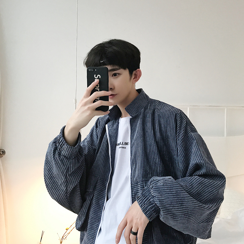 18春装韩版宽松做旧灯芯绒齿轮拉链立领飞行夹克口袋机车服短外套