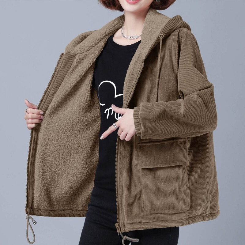 迪鲁奥(DILUAO)40岁50岁妈妈穿的衣服保暖灯芯绒外套女2021新款秋冬季宽松大码洋气风衣夹克衫高清大图