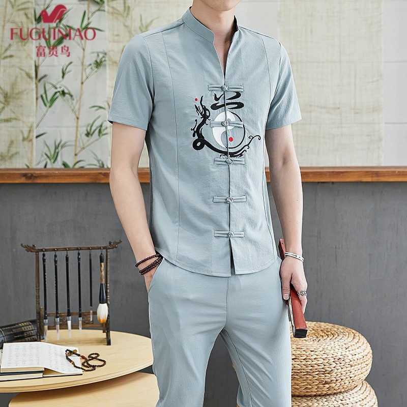夏季棉麻套装男亚麻男士短袖t恤潮流休闲半袖唐装汉服中国风男装衣服
