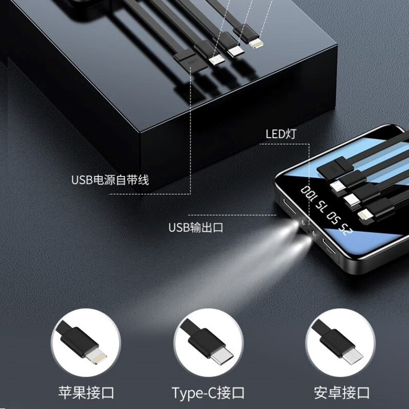 ZNNCO 充电宝20000毫安时超薄小巧迷你自带线大容量快充移动电源便携苹果华为小米2万mAh手机 尊享版[自带四线丨