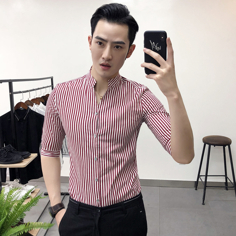 18夏新款个性拉链立领条纹七分袖衬衫男时尚韩版修身潮五分袖短袖