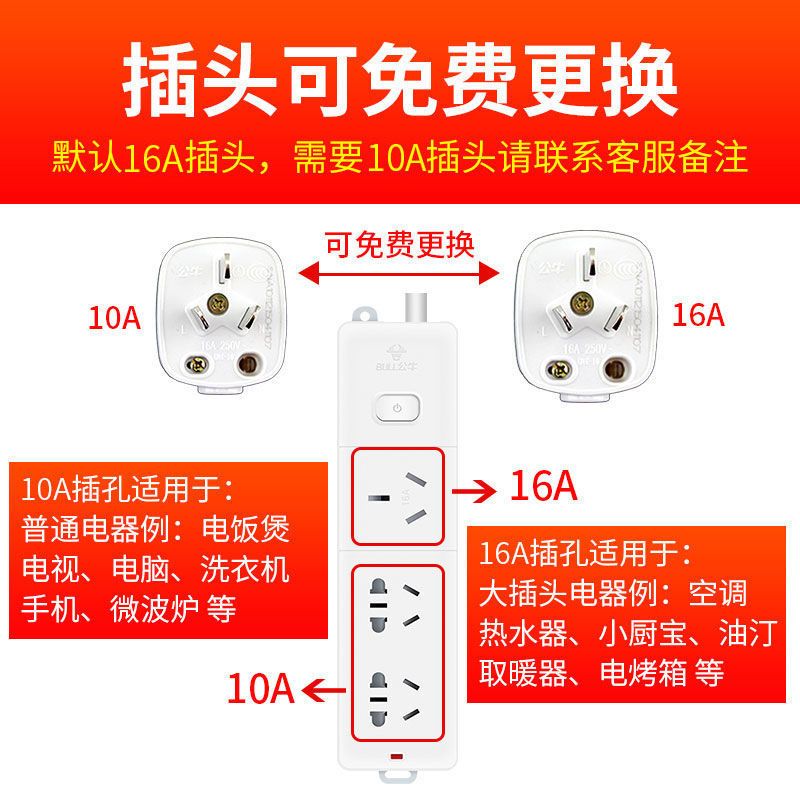 一转二总控[16A插头] 公牛插座16A转10安16a空调专用插座板大功率热水器插排线板转换器