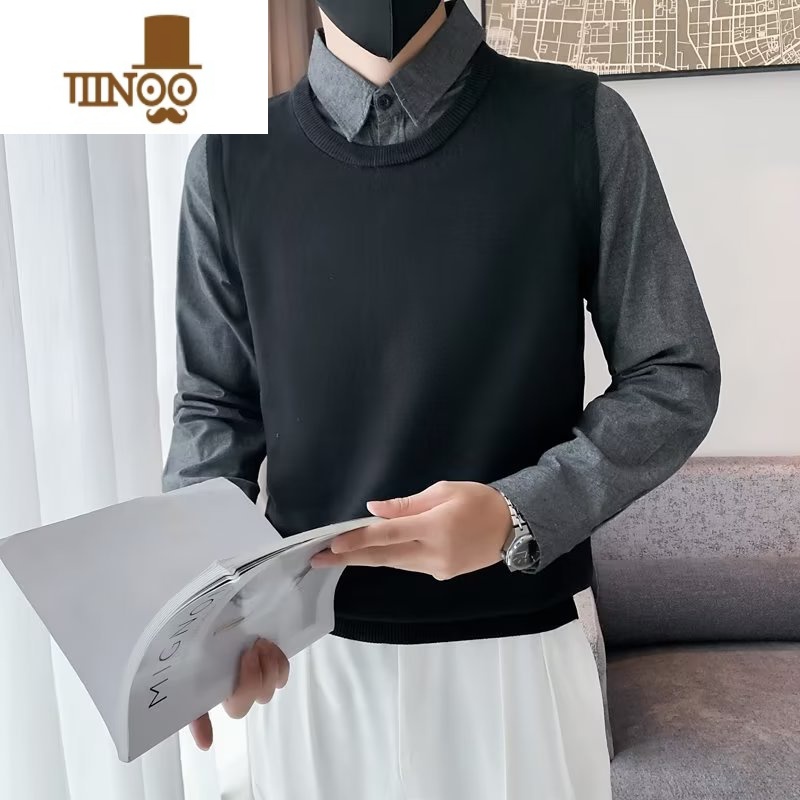 YANXU男士假衬衫领时尚内搭毛衣韩版潮流修身拼接打底针织衫高清大图
