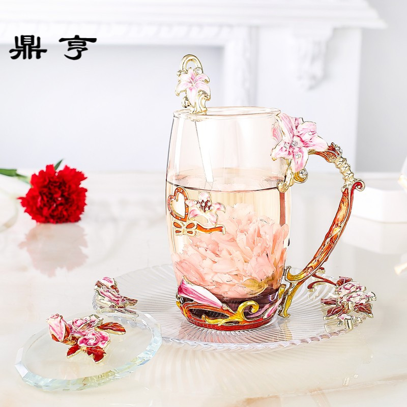 鼎亨百合珐琅彩水杯玻璃杯子女家用洛施花舍套装耐热创意套花