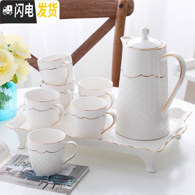 三维工匠水杯家用套装陶瓷杯具杯子茶壶水具欧式耐热茶杯客厅冷凉水壶茶具 高贵钻石描金一壶六杯一陶瓷盘高清大图