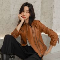 举翼王子海宁新款真皮夹克立领短款韩版修身皮衣外套女装 L 玛瑙黄