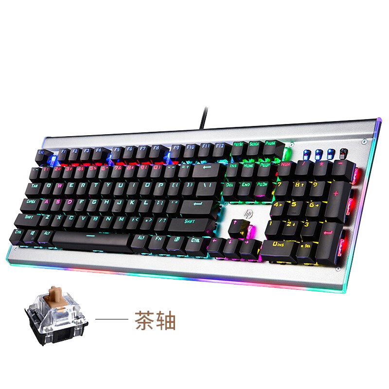 惠普(HP)GK520 机械有线键盘 办公游戏吃鸡机械键盘 104键 混光(茶轴)