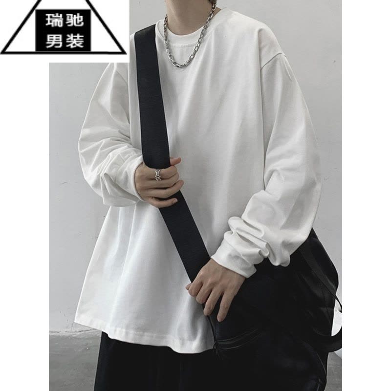 希杰狮王酒红色螺纹领口t恤男长袖美式薄款卫衣oversize小领口打底衫秋衣图片