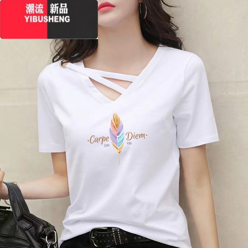 YIBUSHENGv领短袖t恤女2024季韩版新款宽松显瘦百搭设计感印花上衣潮 白色-英文羽毛 4XL(建议160-185斤)