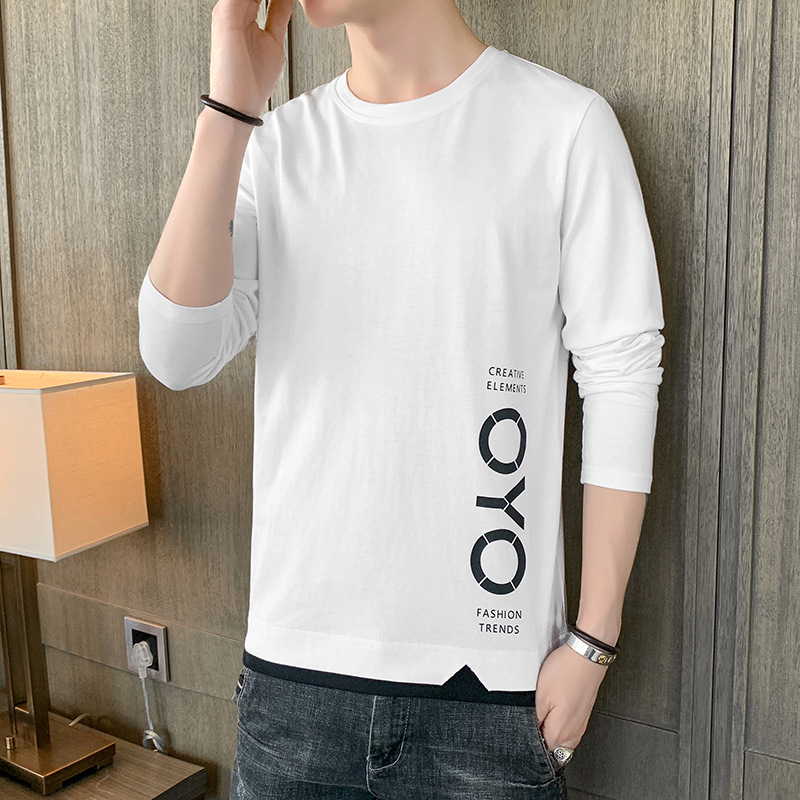 休闲男装长袖T恤秋季日系潮牌圆领套头纯棉打底衫青少年百搭衣服