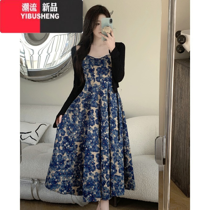 YIBUSHENG大码辣妹吊带连衣裙女两件套季胖MM显瘦碎花裙子外搭开衫套装