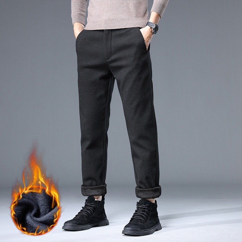 秋冬季直筒修身潮流磨毛呢加绒保暖不臃肿男长裤韩版商务百搭