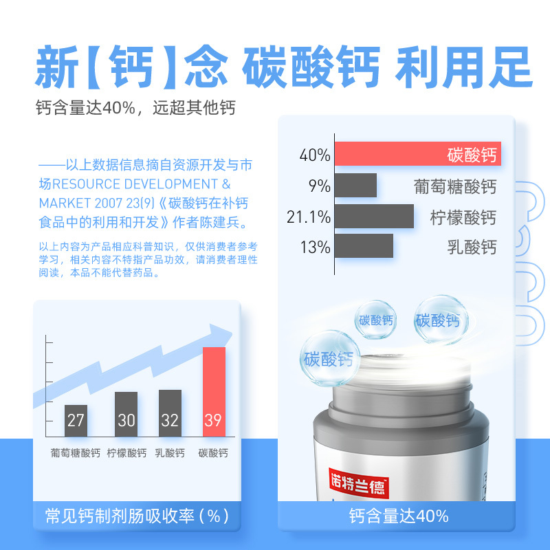 诺特兰德青少年补钙维生素d3咀嚼片中老年人碳酸钙 9瓶装