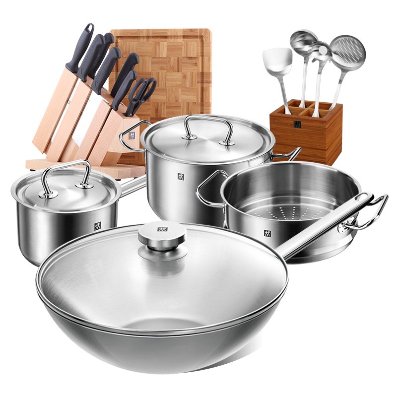 双立人锅具套装中式炒锅18件套炒菜锅蒸锅辅食锅汤锅奶锅不锈钢锅刀具
