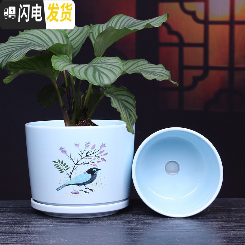 三维工匠花盆 陶瓷 大号带托盘创意个性绿萝阳台室内兰花家用多肉花盆 5510兰绿两个中号 大花盆容器