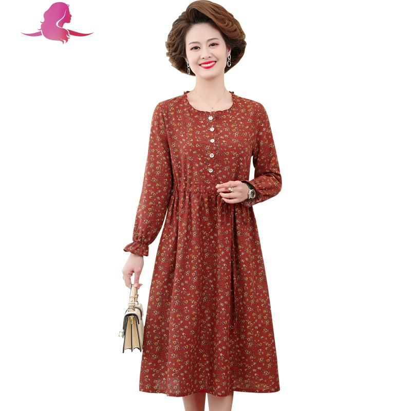 艳如飞妈妈碎花中长款连衣裙中年妇女棉麻收腰时尚中老年人春秋长袖