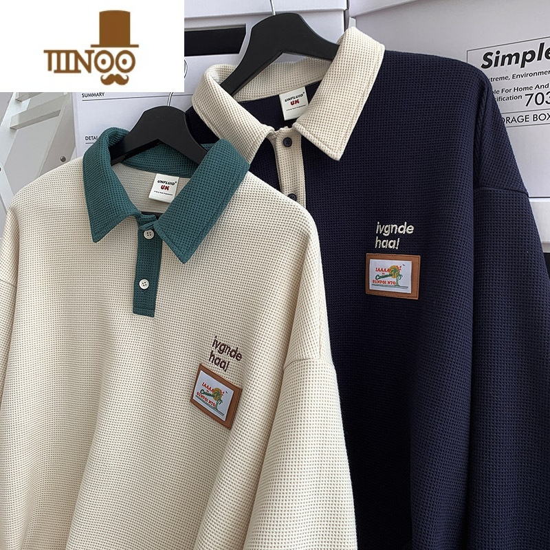YANXU美式复古vintag卫衣男宽松polo衫情侣装华夫格翻领格il男高清大图