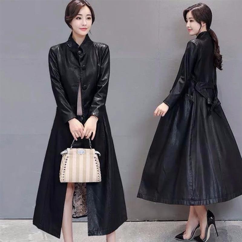 2021春秋款海宁时尚休闲韩版修身长款过膝女装皮衣外套