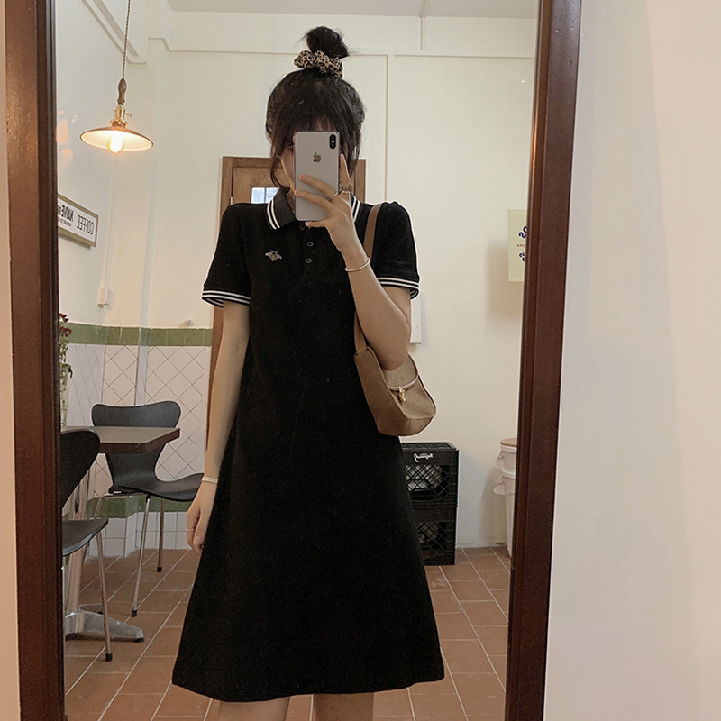女装连衣裙夏季2021新款显瘦POLO领短袖chic白色休闲T恤裙子ins潮 白色 M