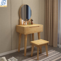 点云星辰实木梳妆台卧室化妆桌床头收纳柜一体带圆镜子单抽款9602# 600*400*1260原木色+凳子