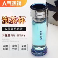 蓝色经典双层玻璃杯水杯加厚水晶泡茶杯耐高温男女便捷随手杯办公 蓝色经典-300ML送杯刷