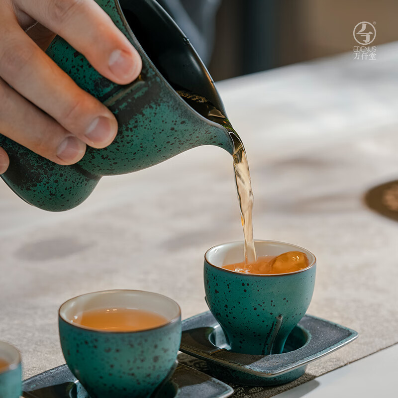 万仟堂(Edenus)整套茶具 高档商务泡茶器全套装送父母长辈伴手礼盒 古乐02·成套 绿斑釉(1壶1承1海6杯6碟)高清大图