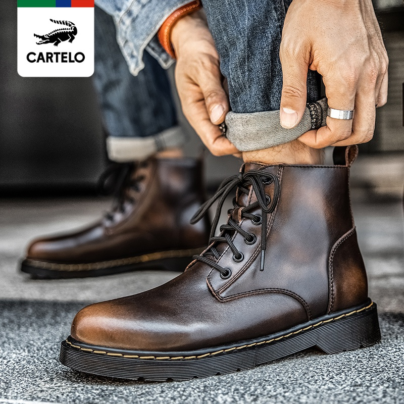 线下专柜同款卡帝乐鳄鱼cartelo新款真皮复古马丁靴高帮皮靴厚底休闲
