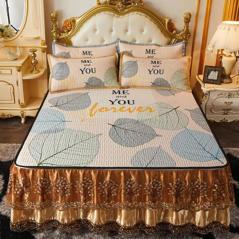 美帮汇乳胶凉席三件套1.8m床夏季床裙式冰丝席可水洗折叠1.5m空调软席子 乳胶床裙款-叶影粉 1.8m（6英尺）床