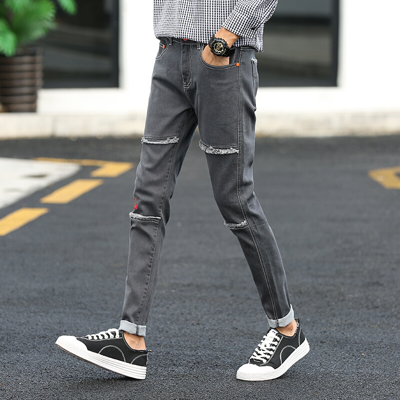 男士牛仔裤男春季青少年韩版潮流2018修身小脚男生拼接裤子男春款