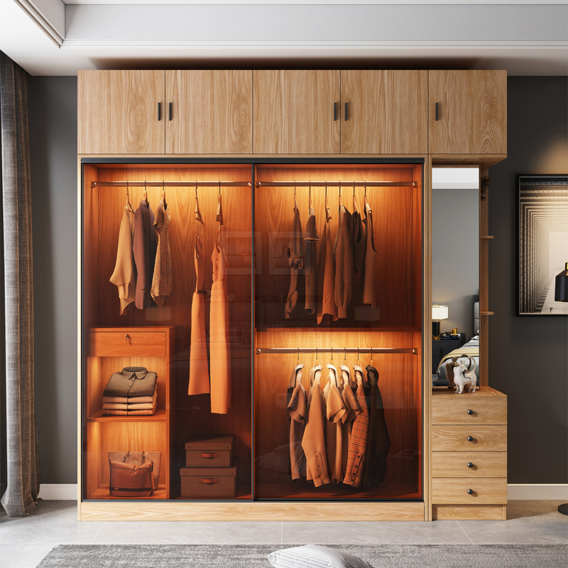 推拉门衣柜家用卧室简约现代小户型柜子轻奢玻璃门整体滑移门衣橱