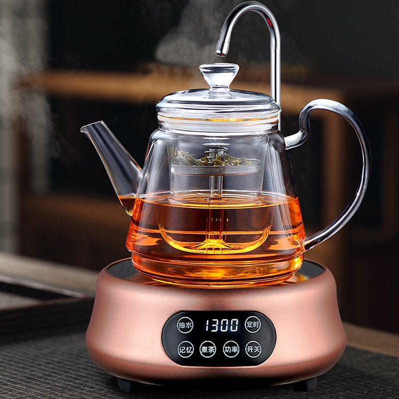加厚煮茶壶玻璃白茶专用自动上水电陶炉黄金蛋烧水壶套装家用蒸汽煮茶器 双用壶D款+抽水金色腰型电陶炉+4杯
