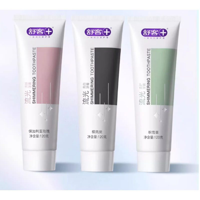 芳美达 舒客牙膏亮白牙龈护理清新口气含氟 柔护积雪草+清新玫瑰+亮白椰壳炭+莓莓冰茶120*4四支装高清大图