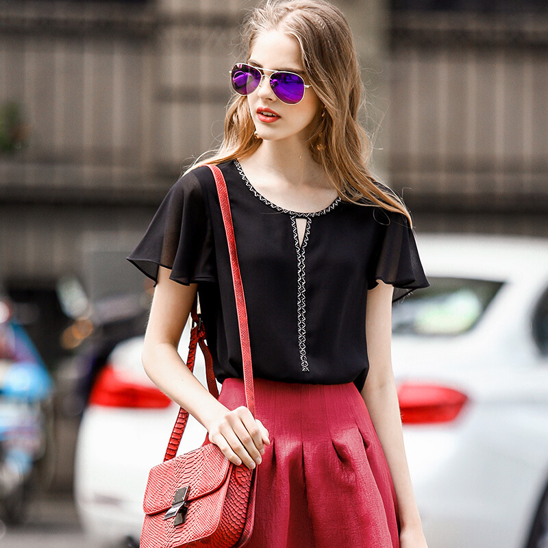 2018新款百搭短袖雪纺衫夏季荷叶袖上衣服白色宽松显瘦内搭小衫女