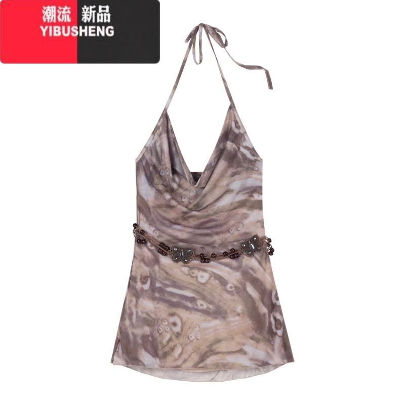 YIBUSHENG扎染挂脖连衣裙女装季复古美式收腰短裙辣妹性感v领露背a字裙子图片