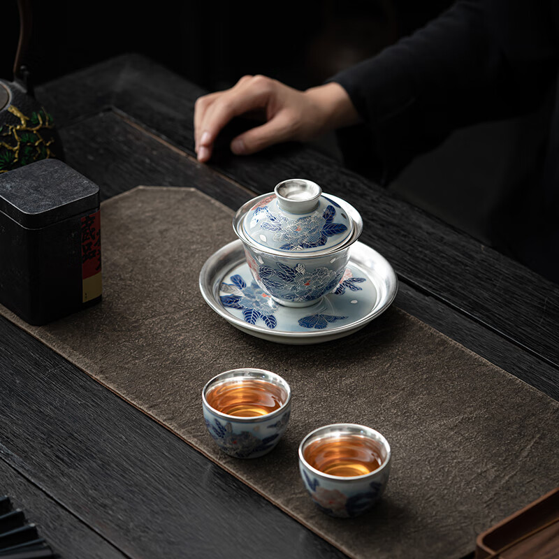 苏氏陶瓷/SUSHI CERAMICS J0940 鎏银国礼牡丹三才盖碗茶具套装礼盒 (单位:盒)高清大图