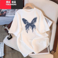 YIBUSHENG美式蝴蝶印花白色短袖t恤2024季新款女装体恤宽松上新 2XL170-190斤 白色单色蝴蝶