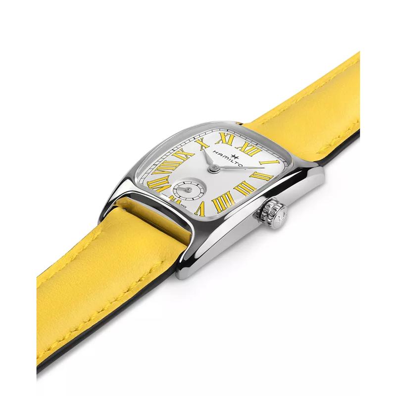 汉米尔顿(Hamilton)女士石英表矩形不锈钢表壳黄牛皮表带白盘女款经典时尚防水高清大图
