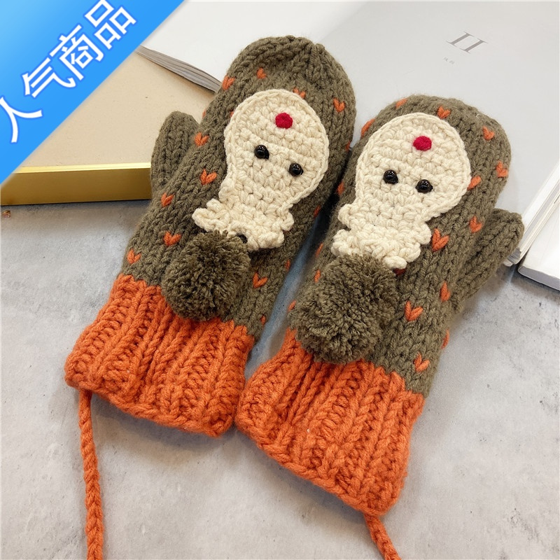suntek保暖新款可爱女冬针织手套网红卡通内加绒秋冬季挂脖指毛线手套