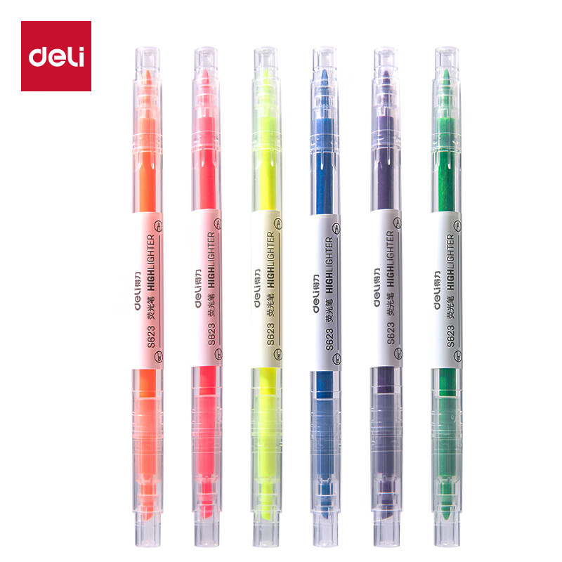 得力(deli)S627 双头荧光笔 彩色荧光笔记号笔划线笔重点醒目标笔彩色笔 6支/盒