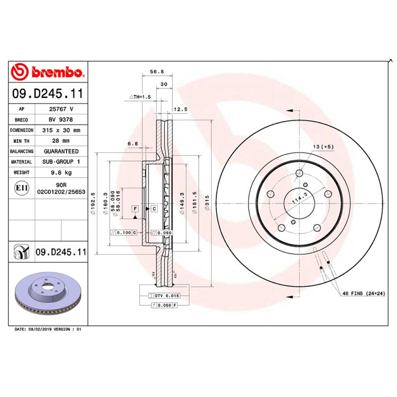 布雷博(brembo)前盘09.D245.11适配07-14款翼豹/13-20款力狮/07-11款驰鹏 (对装)