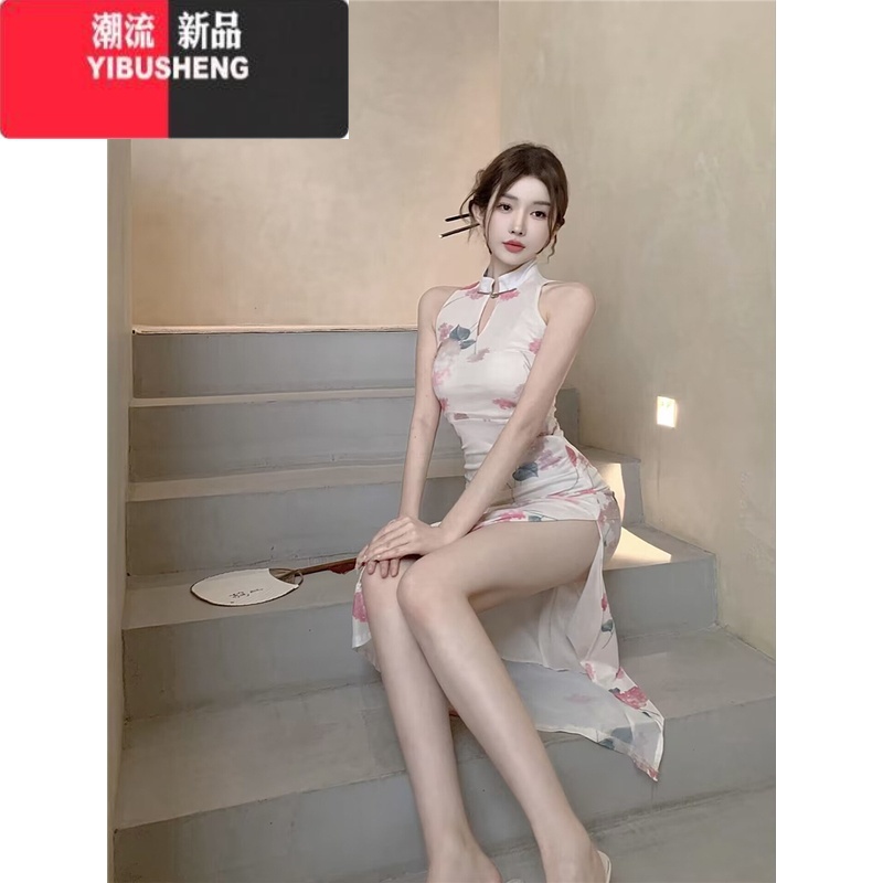 YIBUSHENG新中式御姐复古改良旗袍女季性感纯欲网纱高开叉包臀挂脖连衣裙