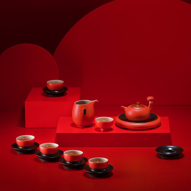 万仟堂(EDENUS) 鸿运当头 成套茶具珠漆釉(一壶一承一海六杯六碟)