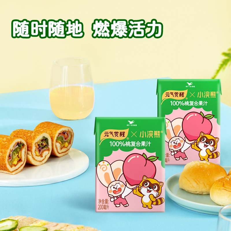小浣熊联名]统一元气觉醒100%桃复合果汁饮料便携装200ml*6盒高清大图