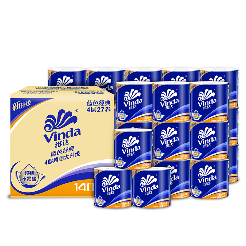 维达卷筒纸V4069-B 家用厕纸卫生间有芯卷纸4层140g整箱27卷 蓝色
