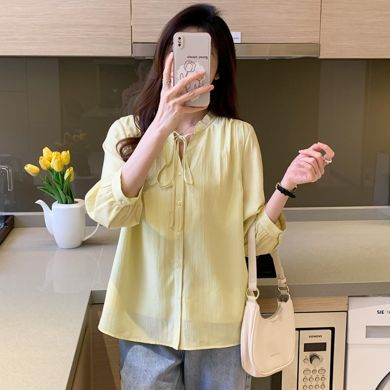 唐狮 |春季女圆领花边绑绳净色长袖衬衫设计感百搭气质韩版